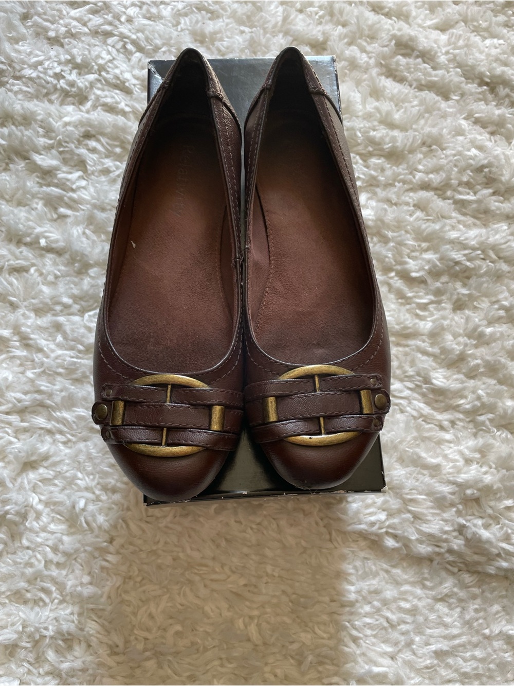 Relativity Brown Leather Ballet Flats with Gold-Tone Buckle